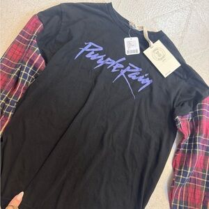 Urban Renewal Purple Rain Black Tee with Red Plaid Sleeves